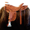 Specs: Wade Tree - by Rick Reed 93 degree Bars 16 inch seat, 7/8ths flat plate riggin, 4 - 1/2 inch Stainless Steel Stirrups, Cantle is 4 and 1/2 inches hight X 12 and 1/2 inches wide, 2 inch tooled Cheyenne Roll, All Stainless Steel Hardware - By Harwood, Santa Barbarbra Twisted Stirrup Leathers, Smooth Back Cinch